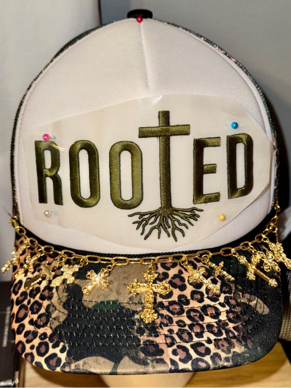 ROOTED Puffy Patch Trucker Hat with Leopard Brim and GORGEOUS CROSS Hat Chain